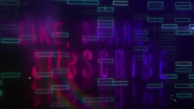 Animation of like, share, subscribe text over shapes on black background. Abstract background, pattern and colour concept digitally generated video.