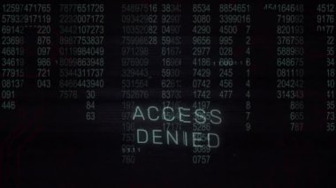 Animation of access denied text with icons over data processing on black background. Global technology, online security and digital interface concept digitally generated video.
