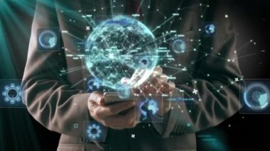 Animation of scopes scanning and data processing over businessman. Global computing, connections, communication and data processing concept digitally generated video.