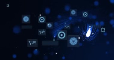 Animation of scopes scanning and data processing over screens on dark background. Global computing, connections, communication and data processing concept digitally generated video.