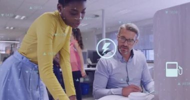 Animation of icons and financial data processing over business people in office. Global business, finance, computing and data processing concept digitally generated video.