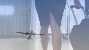 Animation of airplane over caucasian female flight attendant with suitcase. Air travel and holiday concept digitally generated video.