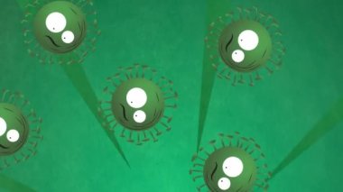 Animation of green virus cells floating over green background. Global science and data processing concept digitally generated video.