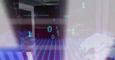 Animation of data processing over digital grid. Global online security, business, finance, computing and data processing concept digitally generated video.