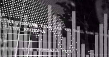 Animation of statistics and data processing over dark background. Global computing, connections, communication and data processing concept digitally generated video.