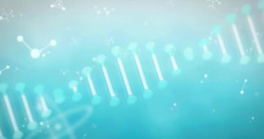 Animation of macro of dna strand spinning and molecules over blue background. Science and research concept digitally generated video.