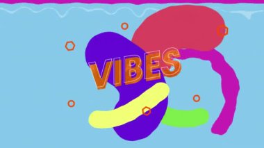 Animation of vibes text over shapes on blue background. Abstract background, pattern and colour concept digitally generated video.
