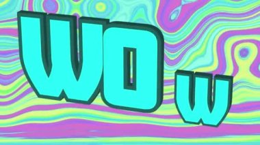 Animation of wow text over green liquid background. Retro future and pattern concept digitally generated video.