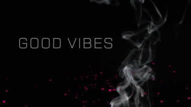 Animation of good vibes text over smoke and light spots on black background. Abstract background, pattern and movement concept digitally generated video.