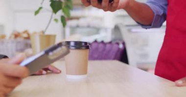 Animation of qr code and data processing over dman paying with smartphone in shop. Global shopping, business, finance, computing and data processing concept digitally generated video.