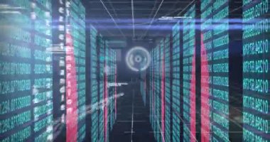 Animation of data processing over computer servers. Global online security, business, finance, computing and data processing concept digitally generated video.