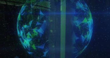 Animation of shapes moving and globe over server room. Global business and digital interface concept digitally generated video.