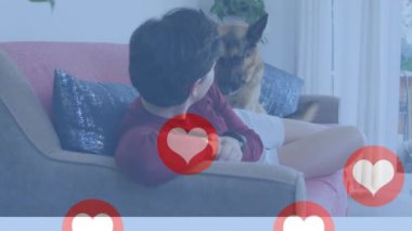 Animation of heart emojis over happy caucasian woman. Love, romance and celebration concept digitally generated video.