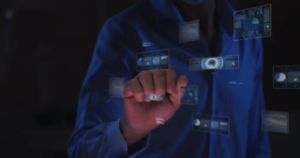 Animáció Biometrikus Kézi Ellenőrzés Távcsövek Adatfeldolgozás Sötét Háttérrel Globális Számítástechnika — Stock videók