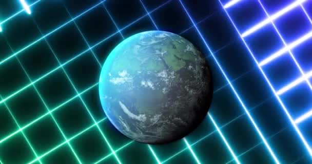 Анимация Земного Шара Вращающегося Вокруг Сине Зеленого Неонового Узора Глобальная — стоковое видео