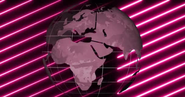 Animation Von Globus Der Sich Über Rosa Neon Muster Dreht — Stockvideo