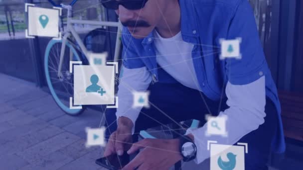 Animation Network Connections Icons Man Using Smartphone Global Networks Business — Vídeos de Stock