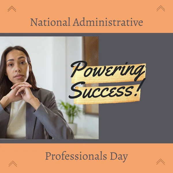 Composition of national administrative professionals day text over businesswoman in office. National administrative professionals day, business and office concept digitally generated image.