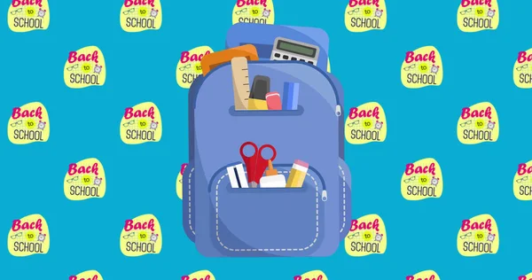 Image of school backpack and back to school icons on blue background. education, learning and knowledge concept digitally generated image.