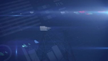 Animation of statistical data processing and light trail against network tower. Global networking and business data technology concept