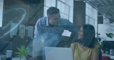 Animation of financial data processing over diverse business people. Global business, finances, computing and data processing concept digitally generated video.