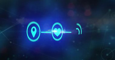 Siyah arkaplandaki simgeler ve ışık noktalarıyla bağlantı ağının animasyonu. Dijital olarak oluşturulmuş küresel bağlantılar, bilgisayar ve dijital arayüz kavramı.