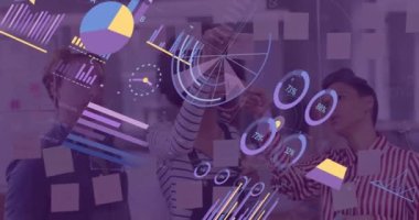 Animation of financial data processing over diverse business people. Global business, finances, computing and data processing concept digitally generated video.