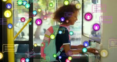 Animation of neon profile and message icons against african american boy getting in the bus. Social media networking technology concept