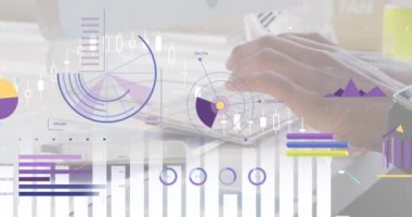 Animation of financial data processing over businessman using computer. Global business, finances, computing and data processing concept digitally generated video.