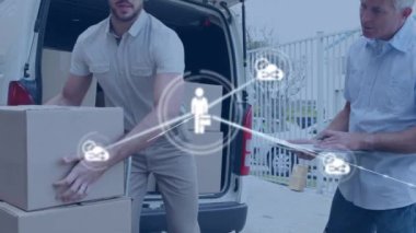 Animation of network of icons over caucasian male delivery man stacking boxes in delivery truck. Global networking and logistics business technology concept