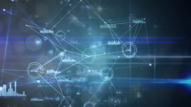 Animation of network of connections and data processing against light trails on blue background. Global networking and business technology concept