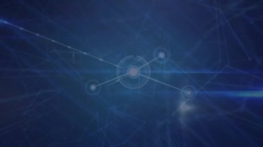 Animation of network of connections and light trails against blue background. Global networking and business technology concept