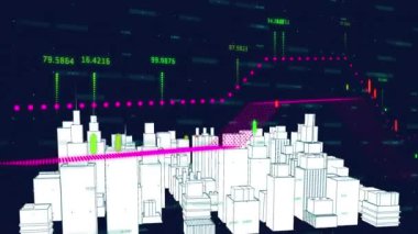 Animation of graphs with numbers over white 3d model of cityscape against blue background. Digitally generated, hologram, report, business, buildings, architecture and technology concept.