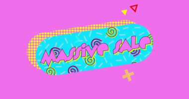 Image of the words Massive Sale in pink letters on a turquoise oval with moving graphic and shapes on a pink background