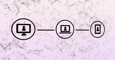 Digital image of network of digital icons against network of connections on pink background. global networking and technology concept