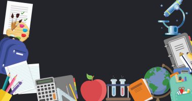 Image of colourful school item icons on black background. Education and school items concept digitally generated image.