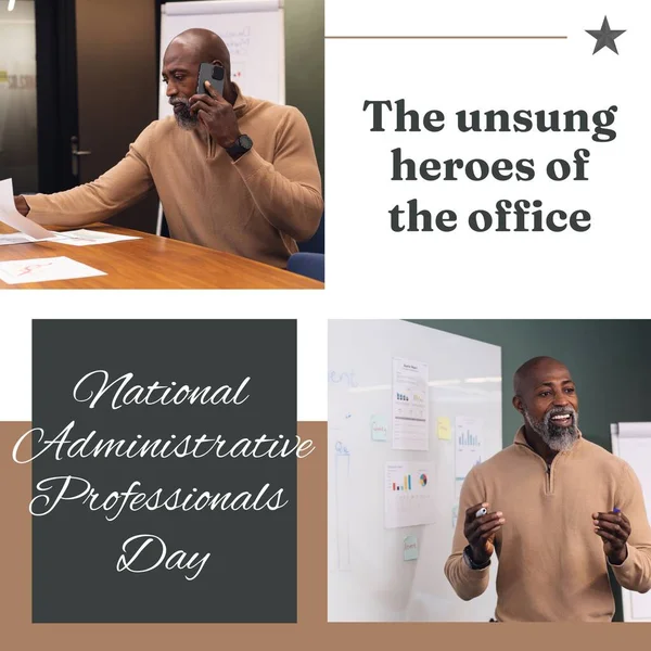 Composition of national administrative professionals day text over businessman in office. National administrative professionals day, business and office concept digitally generated image.