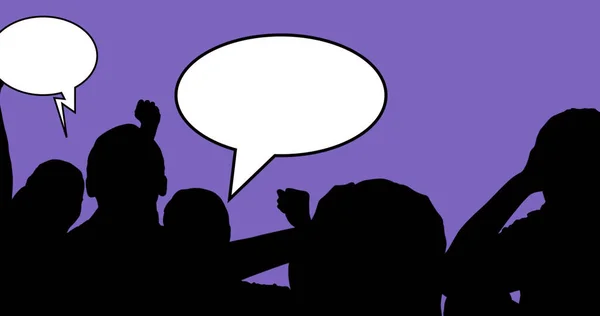 Image of speech bubbles with copy space and silhouettes of people on blue background. Global education, abstract background and pattern concept digitally generated image.