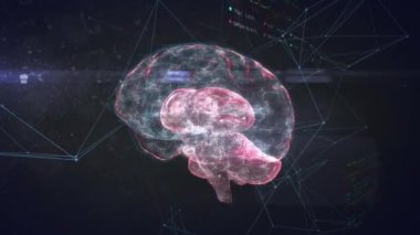 Animation of network of connections and light spot over human brain icon against black background. Medical research and business technology concept