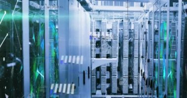 Animation of data processing, mathematical equations and plexus network against server room. Computer interface and business data storage technology concept