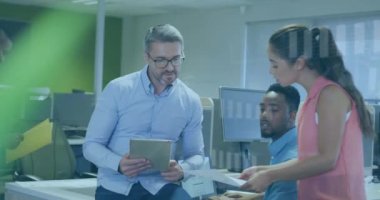 Animation of financial data processing over diverse business people. Global business, finances, computing and data processing concept digitally generated video.