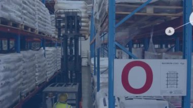 Animation of network of profiles over overhead view of male worker operating forklift at warehouse. Global networking and logistics business technology concept