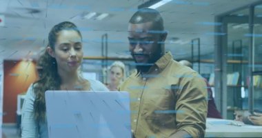 Animation of financial data processing over diverse business people. Global business, finances, computing and data processing concept digitally generated video.