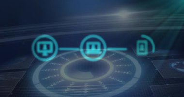 Animation of network of connections with icons over scope scanning on black background. Global transport, travel and digital interface concept digitally generated video.