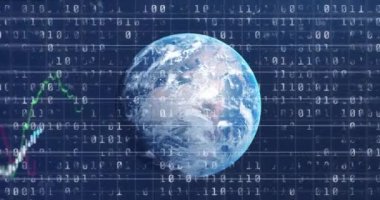Animation of financial data processing over globe and binary coding against blue background. Global finance and business networking technology concept