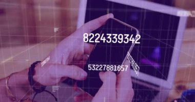 Animation of financial data processing over caucasian businessman using smartphone. Global connections digital interface and technology concept digitally generated video.