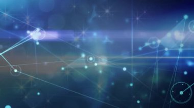 Animation of network of connections over shining stars and light trails on blue background. Global networking and business technology concept