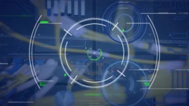 Animation of glitch effect and scope scanning over close up of computer server and data processing. Computer interface and business data storage technology concept