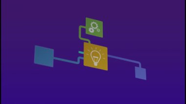 Animation of network of connections with icons on purple background. Global technology, computing and digital interface concept digitally generated video.