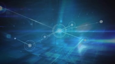 Animation of network of connections over square shape pattern and light trails on blue background. Global networking and business technology concept